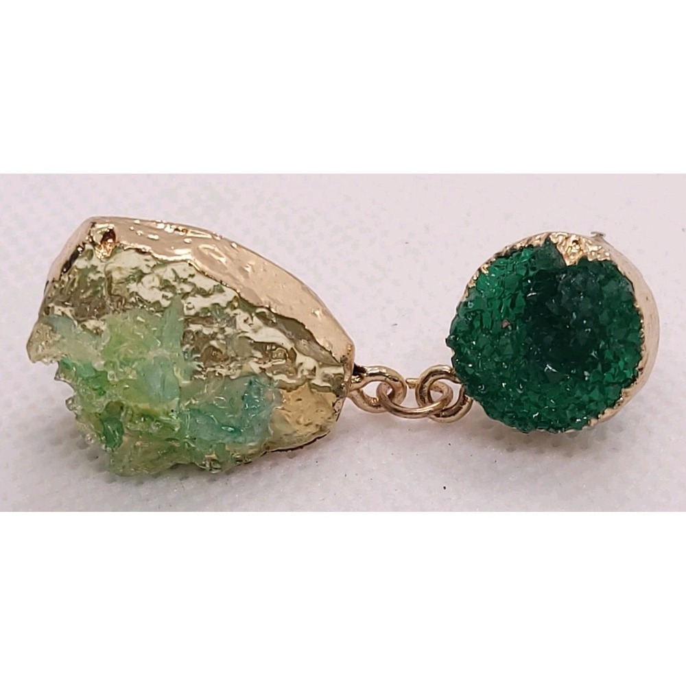 Modern Gold Tone Green Druzy Crystal Cluster Dangle Earrings